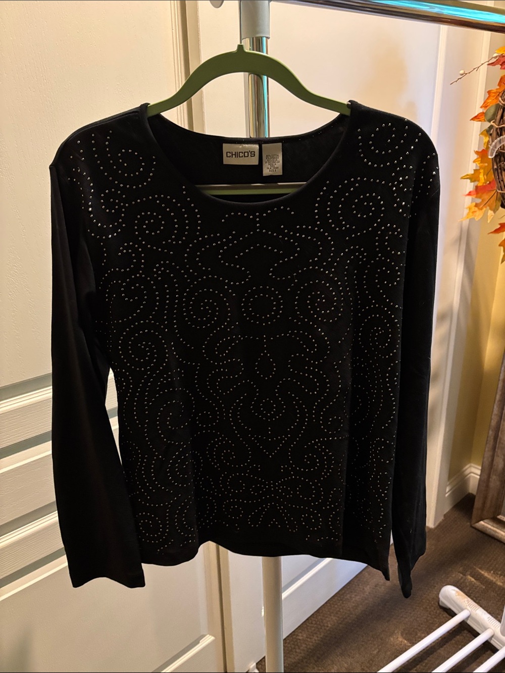 Chico's Black Long-Sleeve Top with Swirl Stud Detailing